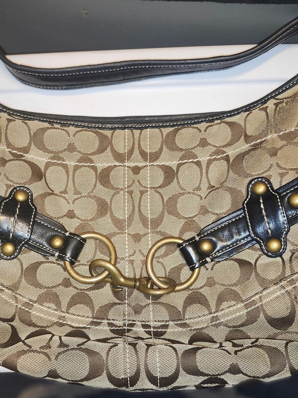 Coach Monogram Canvas Shoulder Bag in Khaki and Brown with Gold Hardware